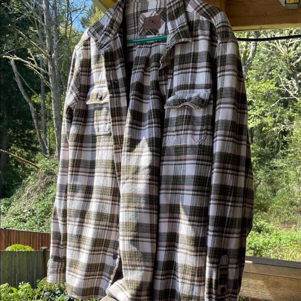 Orvis Men's Olive & White Plaid Heavy Cotton Button-Up Shirt Jacket